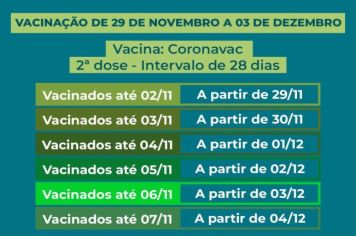 Calendário de vacinação da segunda dose contra a Covid-19.