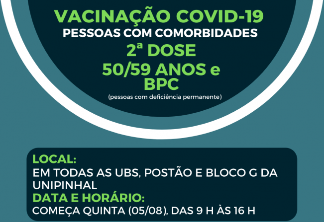 Começará hoje quinta-feira (05/08) a segunda dose da vacinação contra a  Covid-19, para as pessoas com comorbidades com idade entre 50/59 anos, e BPC (pessoas com deficiência permanente).